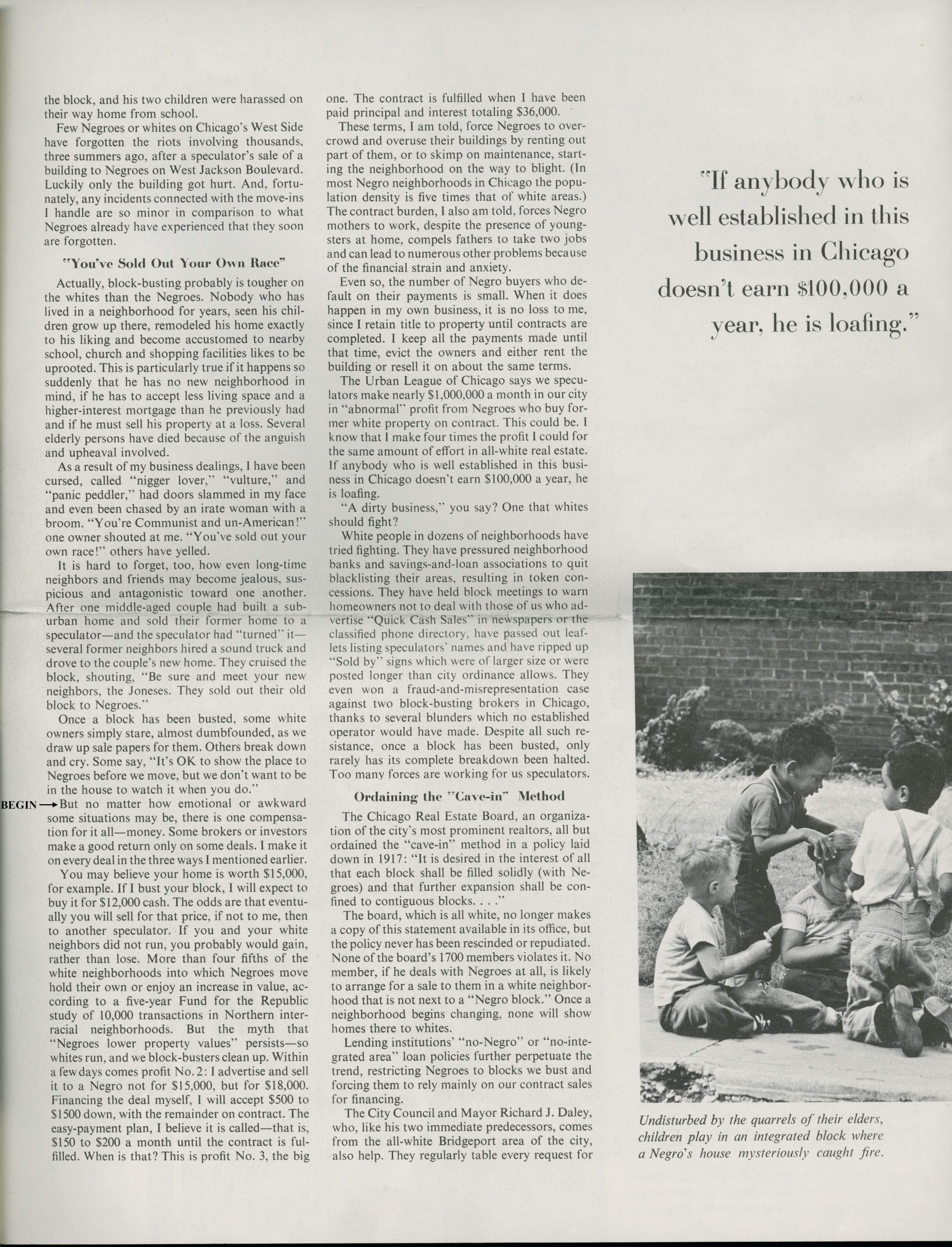 Newspaper page with black and white photo of Black children and white children playing together.
