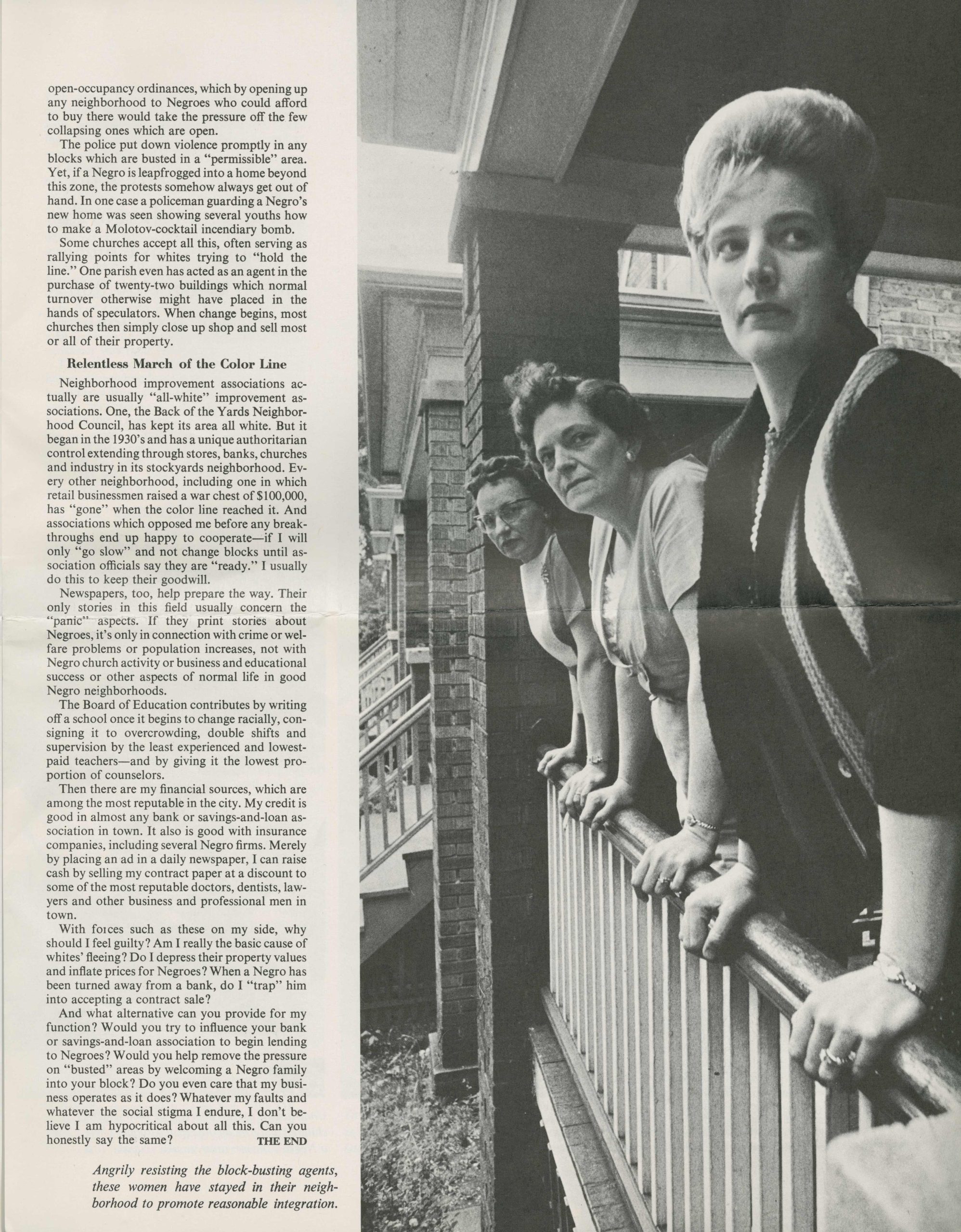 Newspaper page with a black and white photo of three white women looking into the distance from a porch.