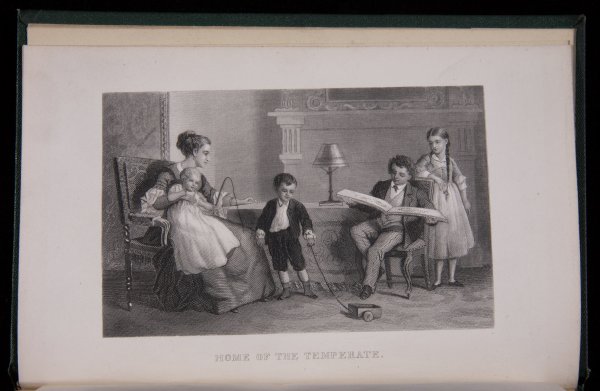 Black and white engraving of a woman sitting holding an infant. A small boy plays with a wagon and an older boy sits nearby reading with a girl looking over his shoulder.