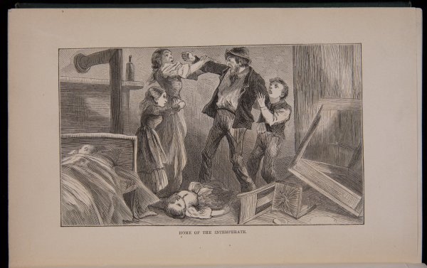 Black and white engraving of a man, one arm held back by a boy, the other by a woman who has a girl clinging to her waist. A young girl, apparently unconscious lies at the man's feet and the table and chairs are knocked over.