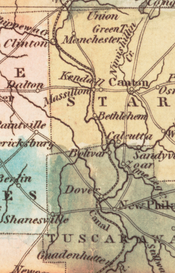 Detail of a multi-colored map crossed by many different kinds of lines.