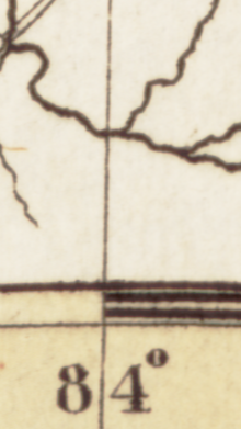 Detail of a map showing a longitudinal line above the marker for 84 degrees.
