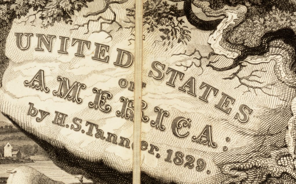 Detail of a map showing a decorative title reading, "United States of America by H.S. Tanner, 1829."