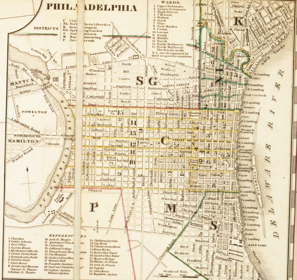Detail of an inset in a map showing the city of Philadelphia. A dissection fold crosses the left of the image.