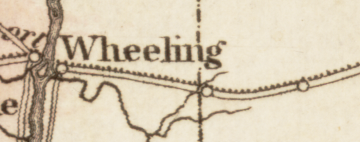 Detail of map showing a road marked by parallel lines with dots along the upper line. The lines run between circles representing towns and cities. One is labeled Wheeling.