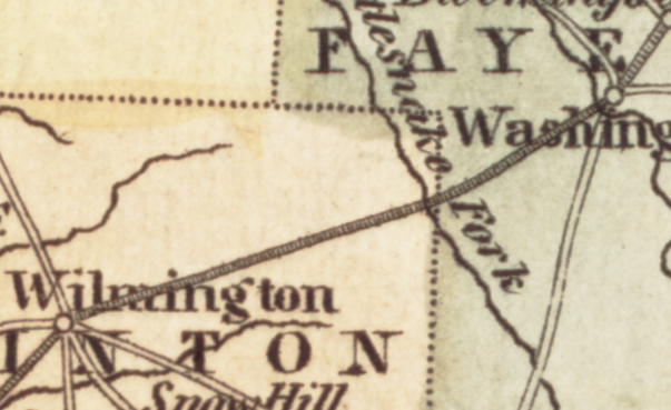 Detail of a map showing a pair of parallel lines filled with hatch marks. The lines connect two cities represented by circles.