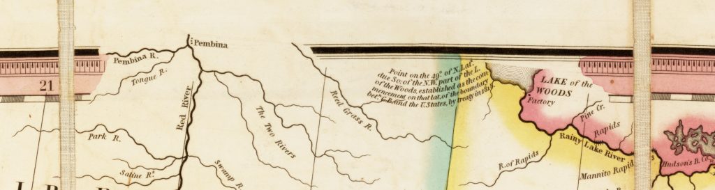 Detail of a map showing topographic illustrations extending over border of the map.