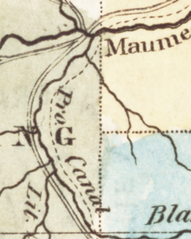 Detail of map showing parallel lines roughly following a dotted line. The words "Pro. Canal" run along the dotted line.