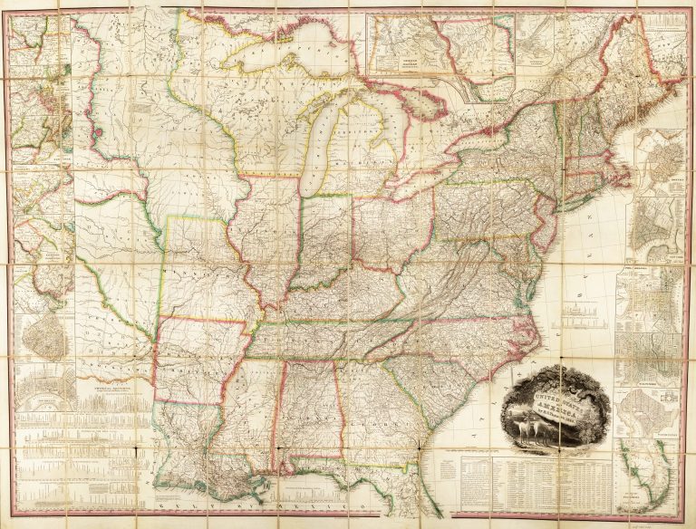 Map of the United States and Indian Territory. Insets on around the edges show major cities and pieces of infrastructure.
