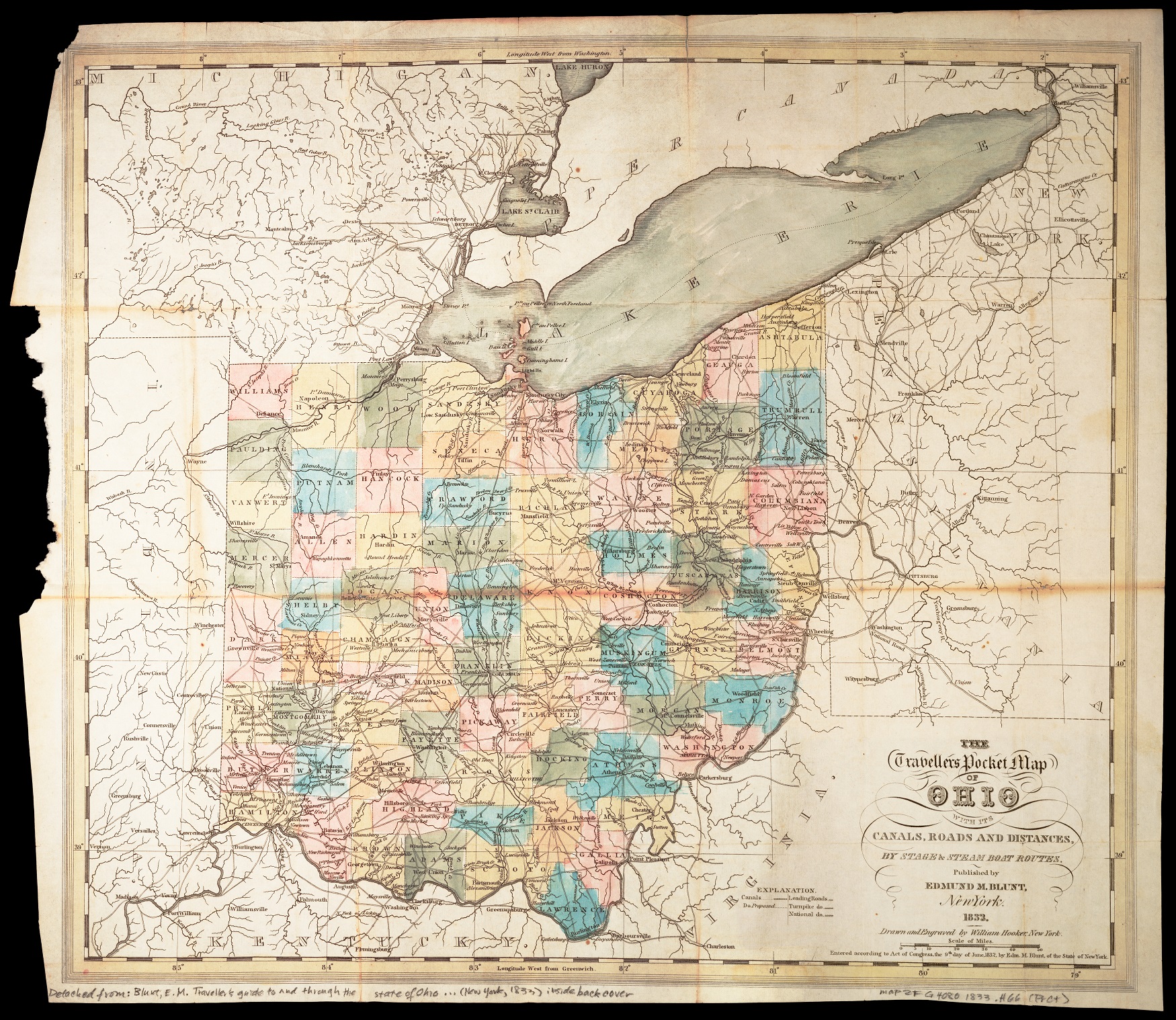 Map of Ohio with sections of surrounding states and Lake Eire, Ohio is broken into different colored counties. Roads, railroads, canals, and cities are marked.