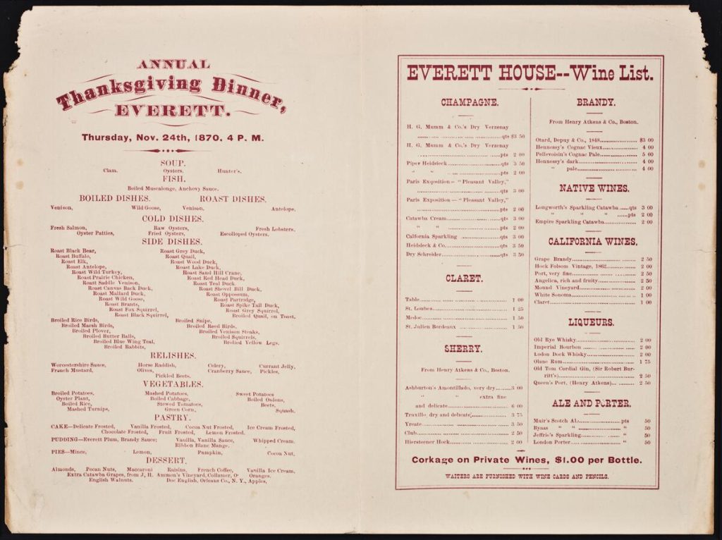 Two-page printed menu. On the left are the eight-course food offerings and on the right are the lists of wines and alcohols.