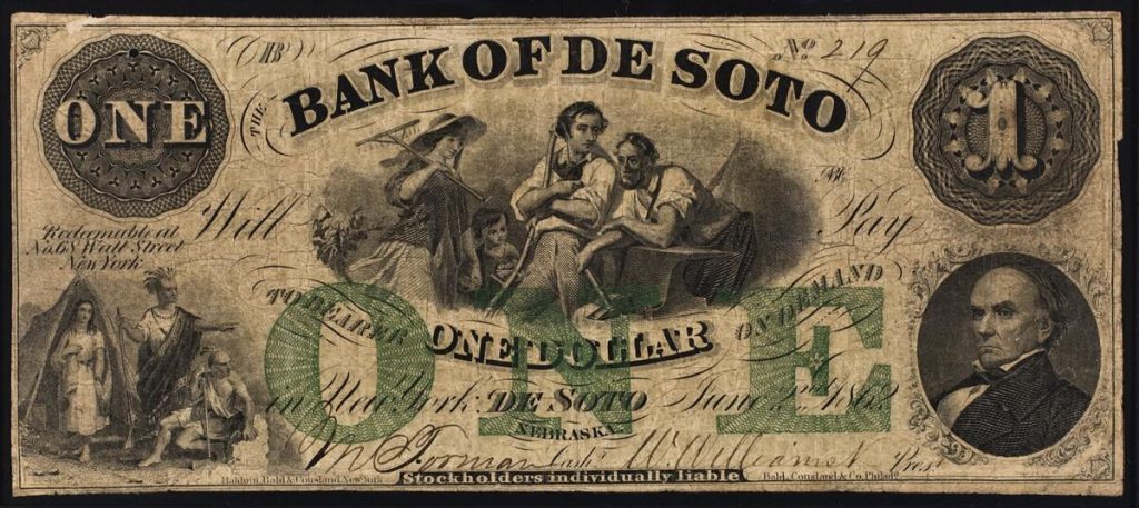 $1 bank note with illustrations (clockwise from top) of industrious white farmers, stateman Daniel Webster, and three Indigenous people.