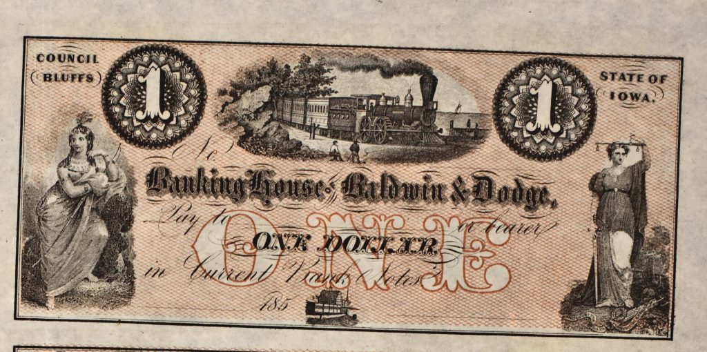 $1 bank note with images of a train locomotive and cars; an imaginary, Europeanized depiction of an Indigenous woman, and a white woman as Lady Justic holding scales and a sword.