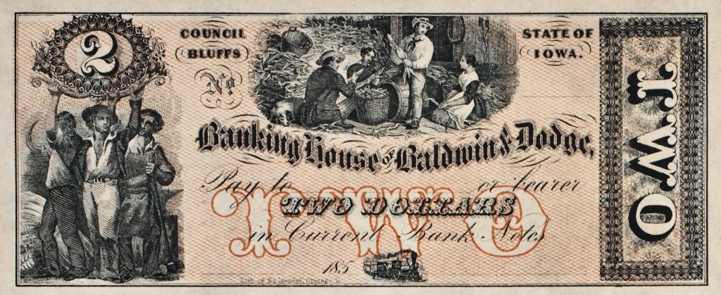 Front of a two-dollar bill with images of industrious white farming families and a locomotive.