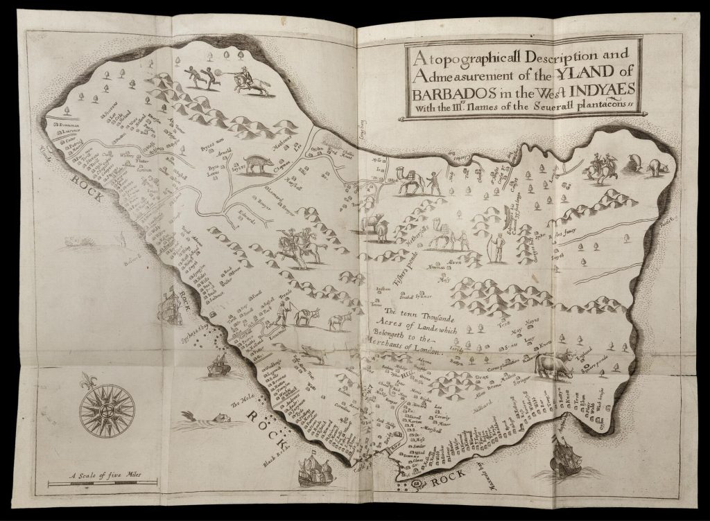 Map of Barbados with place names and small illustrations, including pigs and cattle, men leading camels, and a white man on a horse chasing and firing a gun at two Black men.