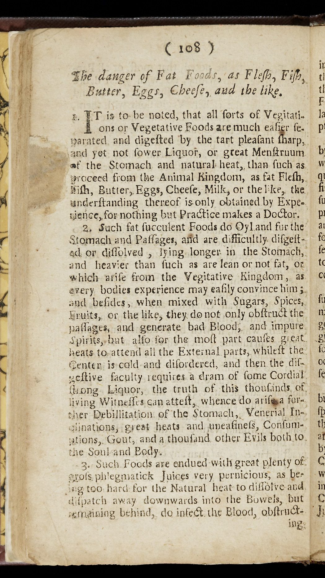 Two-page spread of an early printed book for a section entitled "The danger of Fat Foods, as Flesh, Fish, Butter, Eggs, Cheese, and the like"