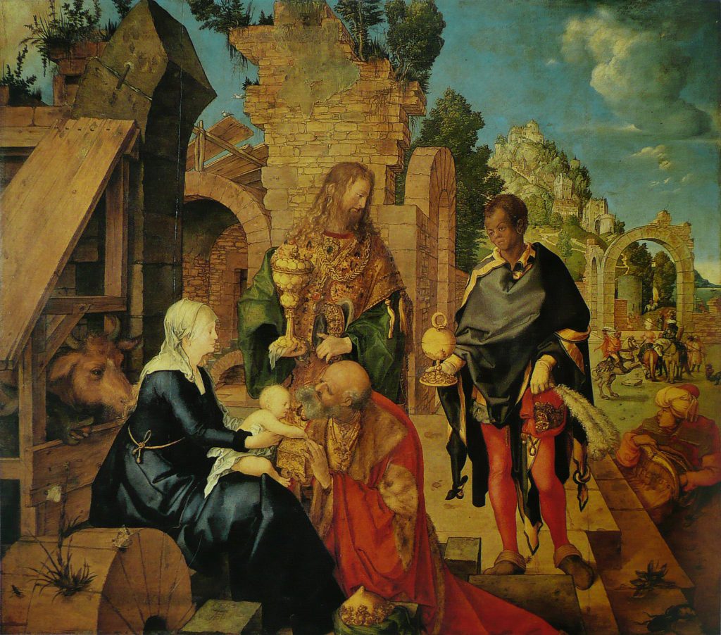 Oil painting of the Magi attending Mary and baby Jesus in the manger. Two of the Magi are white, and one is Black. All three carry gifts for Mary and Jesus, who are also white.