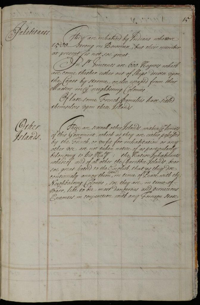 Handwritten page of manuscript text describing islands "unfit for habitation" because they are owned by the French or occupied by escaped Africans or Indigenous people.