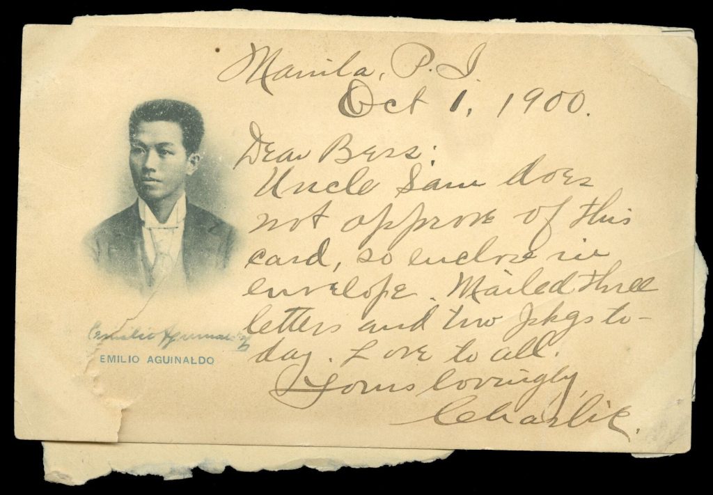 Postcard with image of Emilio Aguinaldo and short handwritten message