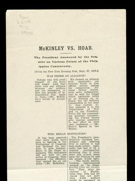 Broadside with two columns of printed text, one with McKinley's comments about the Philippine-American War and one with Hoar's.