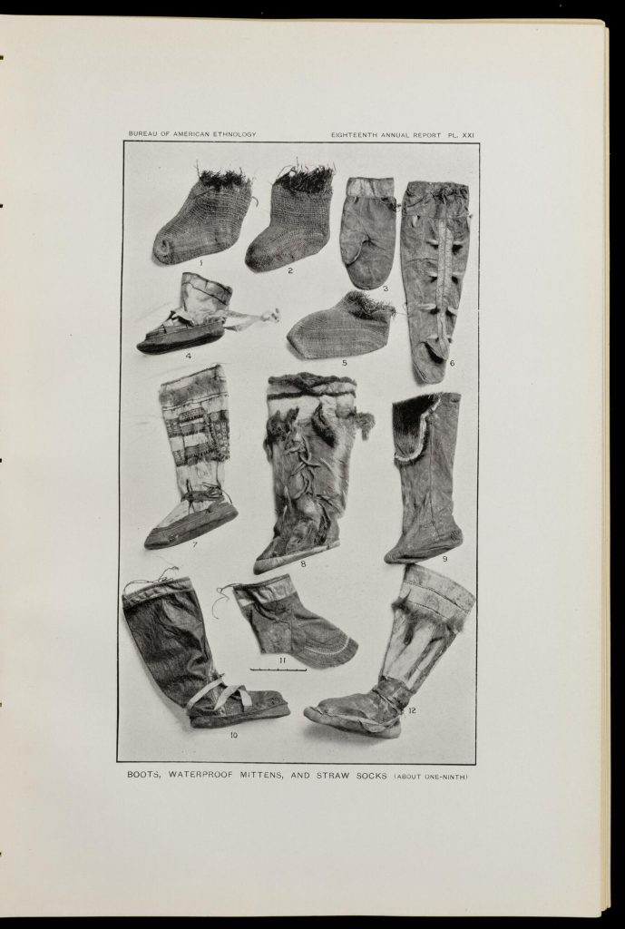 Black-and-white photograph of an array of mittens, boots, and socks