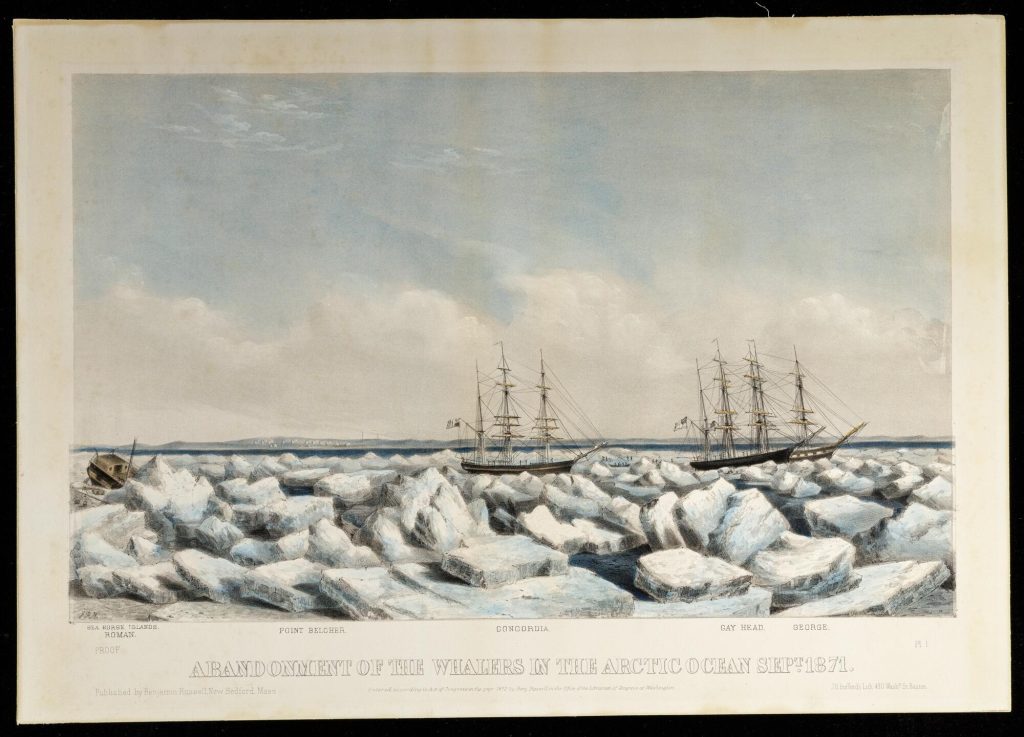Colored print of three whaling ships trapped in ice, with the stern of a third ship crushed by ice on the far left.