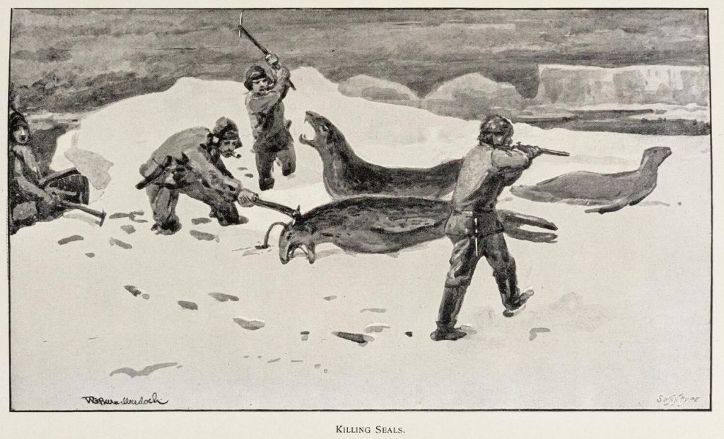 Black-and-white painting of white mean bludgeoning seals to death in the snow.