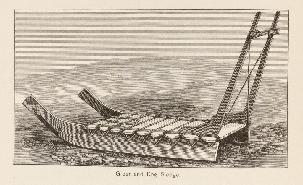 Black-and-white print of a dog sled.