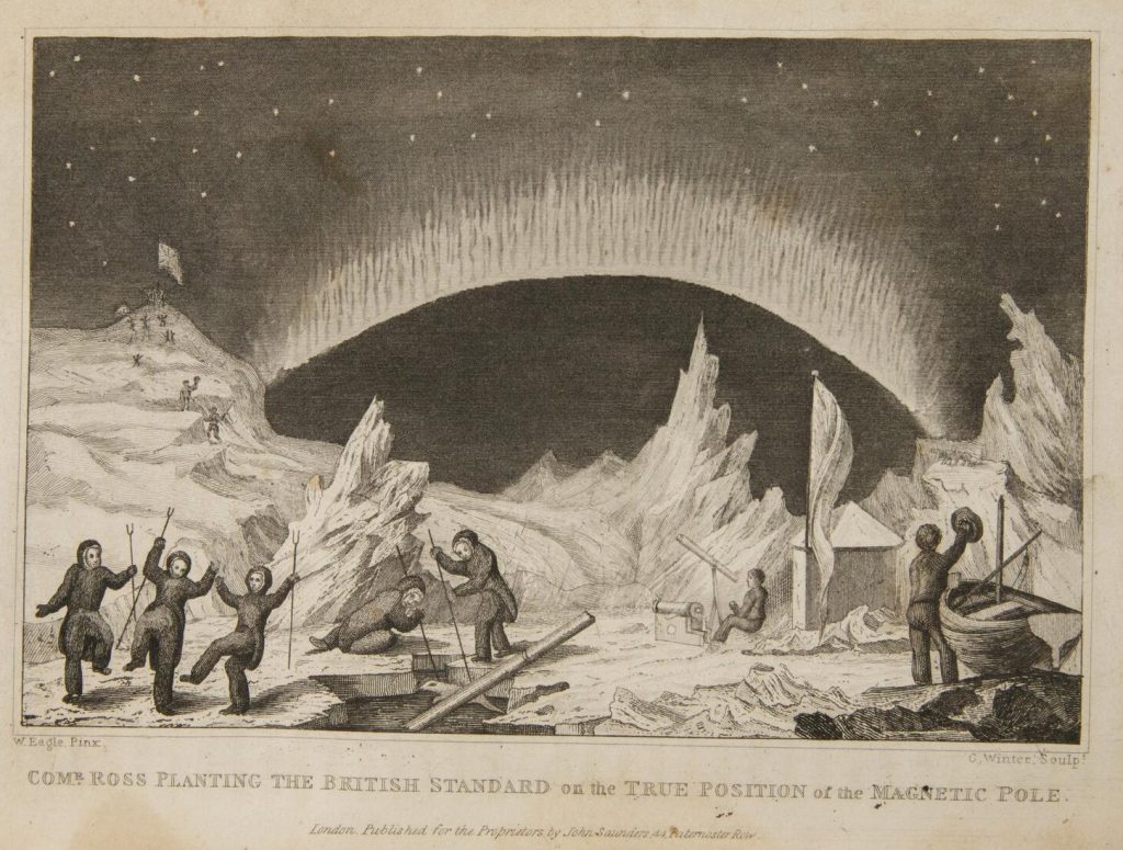 Black-and-white print of Europeans in a polar setting. In the distance, some plant a British flag on a peak. In the foreground, others dance, ice fish, look through a telescope, and fix a small boat. The aurora is overhead.