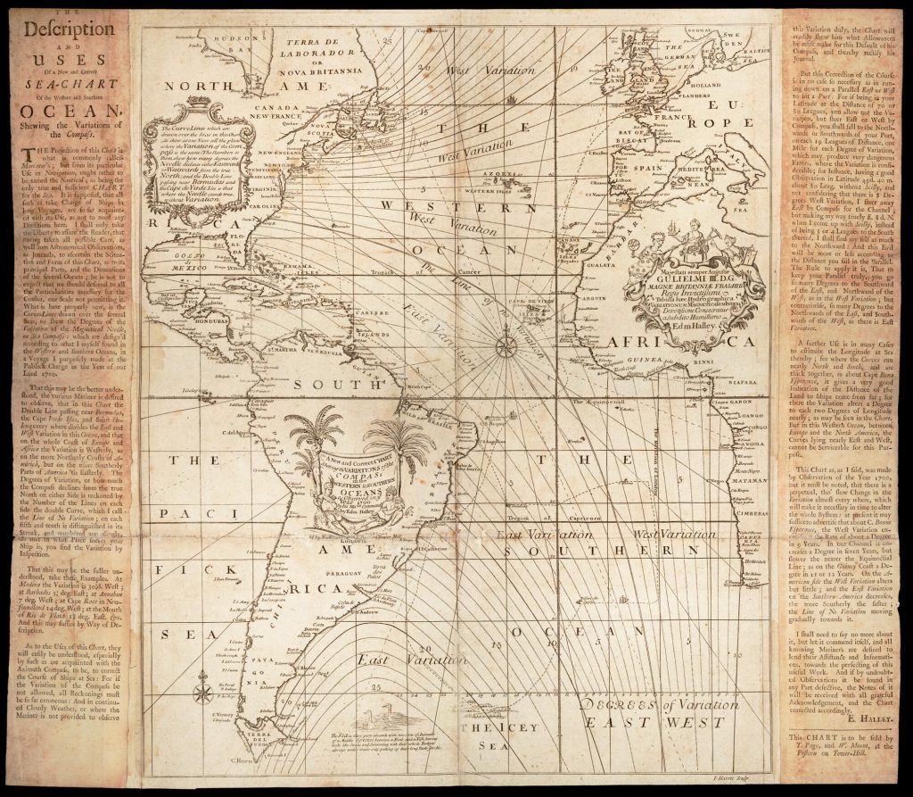 Chart of the Atlantic Ocean with lines showing variations in magnetism. Columns of descriptive text on either side.