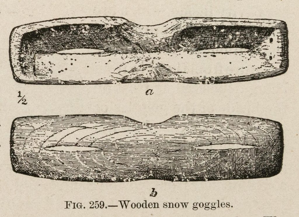 Black-and-white drawings of wooden snow goggles