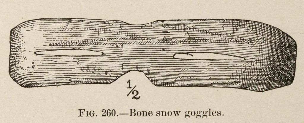 Black-and-white drawing of bone snow goggles