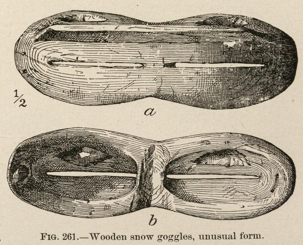 Black-and-white drawings of two forms of snow goggles