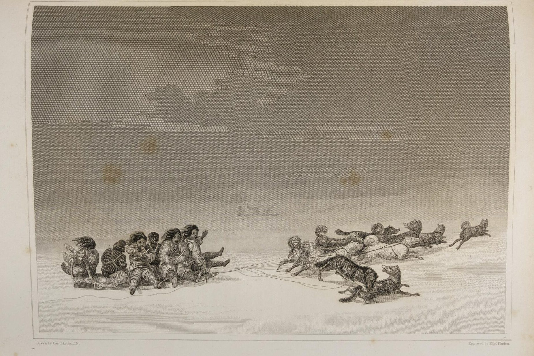 Drawing of a group of Indigenous people riding a dog sled.