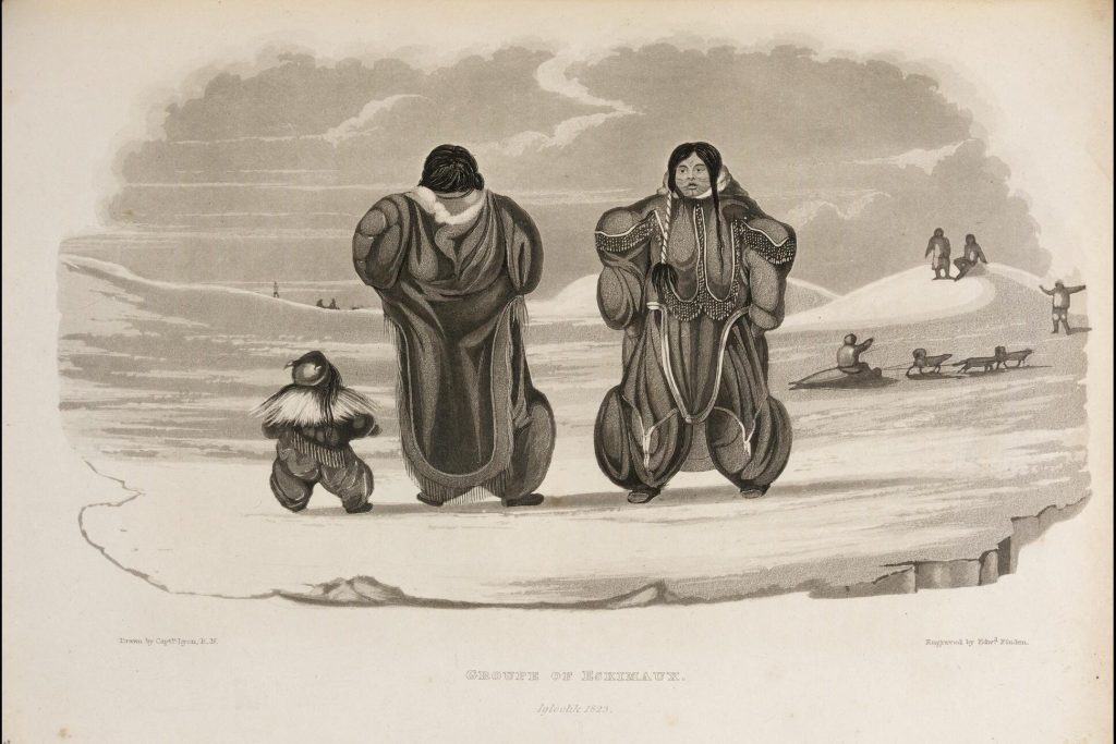 Drawing of two Indigenous adults and a child walking in the snow in traditional clothing. Other people climb a hill and drive a dogsled in the distance.