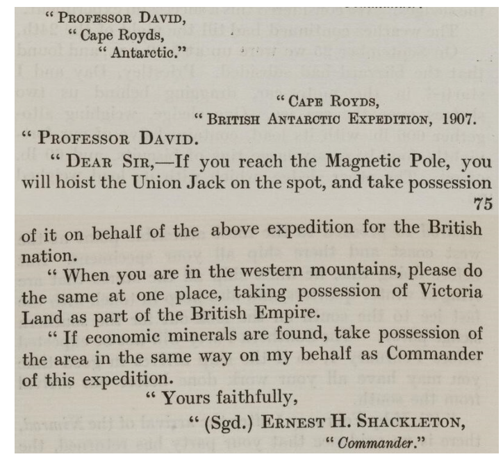 Short letter ordering a member of Shackleton's expedition to take possession of the southern magnetic pole in the name of the British Empire.