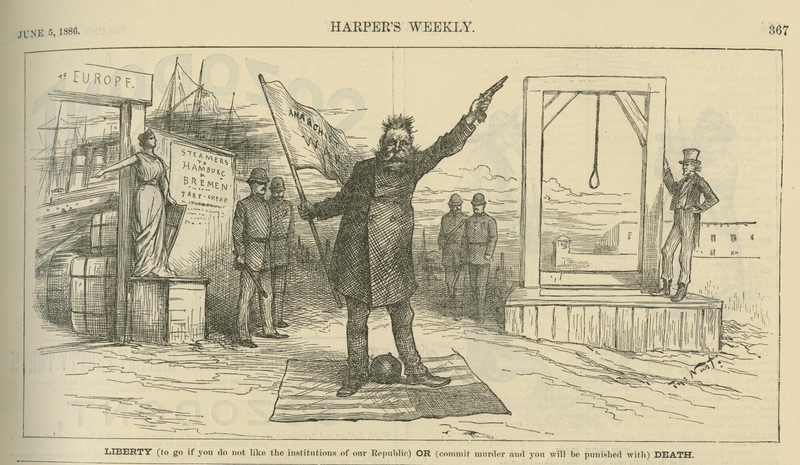 Political cartoon showing a German anarchist standing on an American flag with a gun and a bomb. On either side of him are a ship going back to Europe and a gallows, suggesting he should leave or expect to be executed.