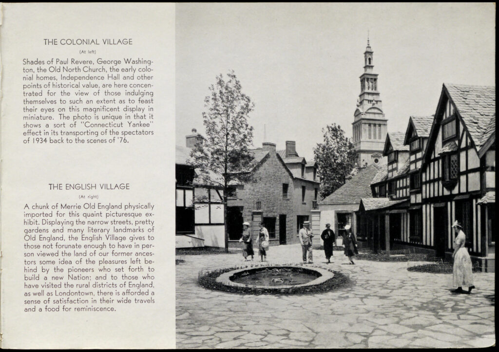 Two short paragraphs describing the Colonial Village and the English Village at the Century of Progress. To the right is a black-and-white photo of the English Village, a town square with Tudor-style houses around a small pond.