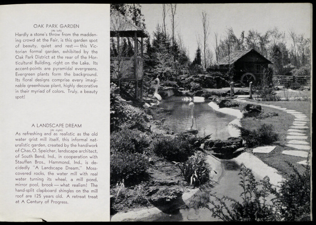Two short paragraphs describing the Oak Park Garden and a landscape called "A Landscape Dream" created by Charles Speicher. Pictured at right, "A Landscape Dream" has a small watermill on an artificial stream and millpond lined with rocks, grass, and small plants.