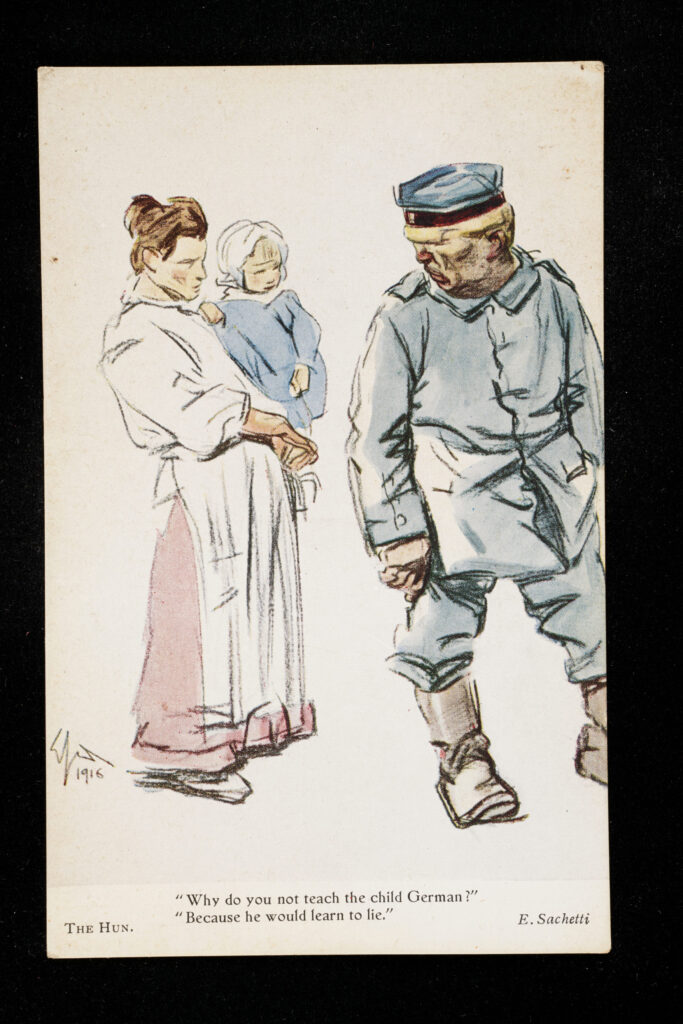 Man in a gray military uniform looking at a woman in a white and pink dress holding a child in her arms. The man asks, "Why do you not teach the child German?" The woman replies, "Because he would learn to lie."