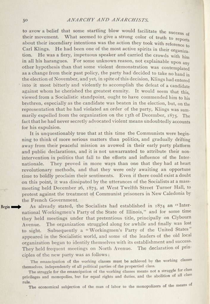 Single page of printed text describing the founding of the Workingmen's Party.