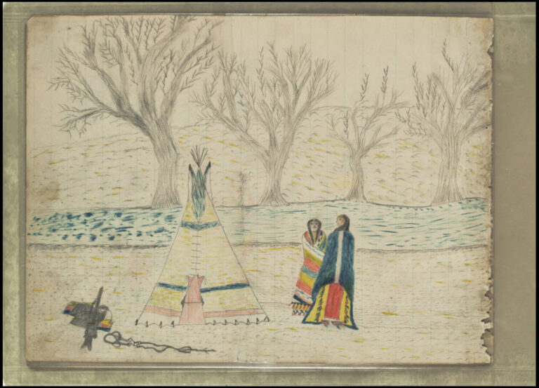 Pencil ledger art drawing of two Indigenous people standing by a tipi on a riverbank. They are wearing colorful blankets, and there is a horse saddle and bridle nearby.
