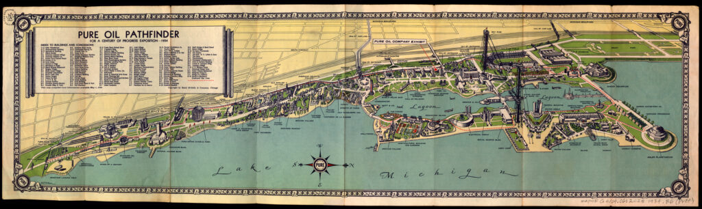Perspective map, shows exposition grounds with buildings and concessions.