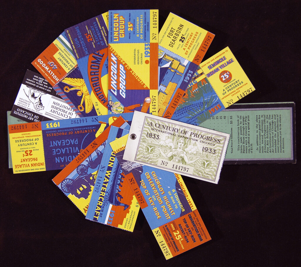 Fanned open pile of colorful tickets; made possible by the Palmer House, Chicago