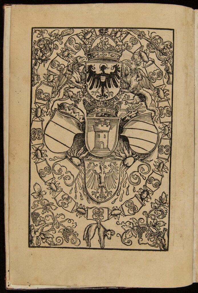 Black-and-white woodblock print of the arms of Charles V, Holy Roman Emperor