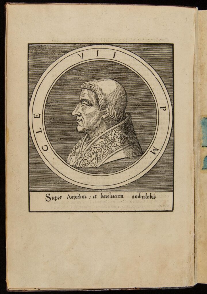 Black-and-white woodblock portrait of Pope Clement VII. He is a white man depicted from the shoulders up in profile, looking left. He wears a robe with a richly decorated collar pinned in front with a broach.