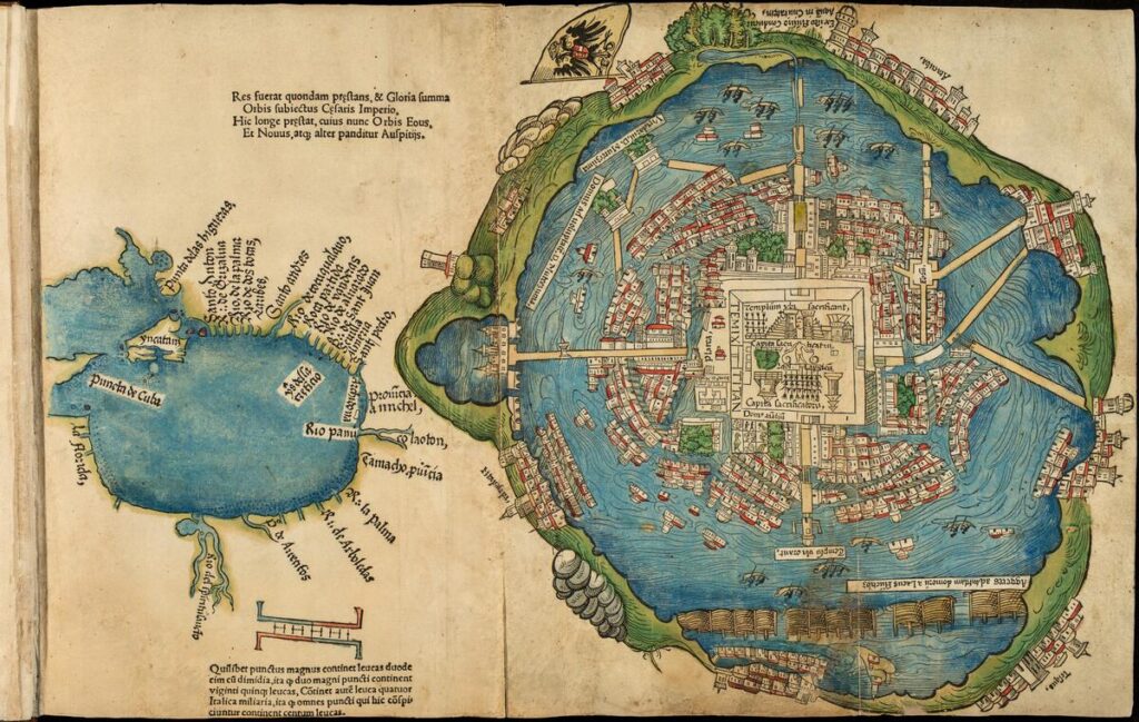 Hand-colored woodblock print of Tenochtitlan, showing it as a well-planned city in the middle of a lake. The core of the city is a rectangular plaza, surrounded by islands with houses. Causeways connect the city to the shore, and other settlements ring the lake.