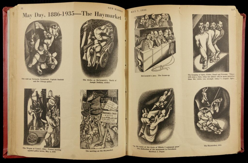 Two-page text of black-and-white illustrations depicting the Haymarket protest, bombing, trial, and execution of the accused perpetrators, all done in a blocky, 1930s illustration style.