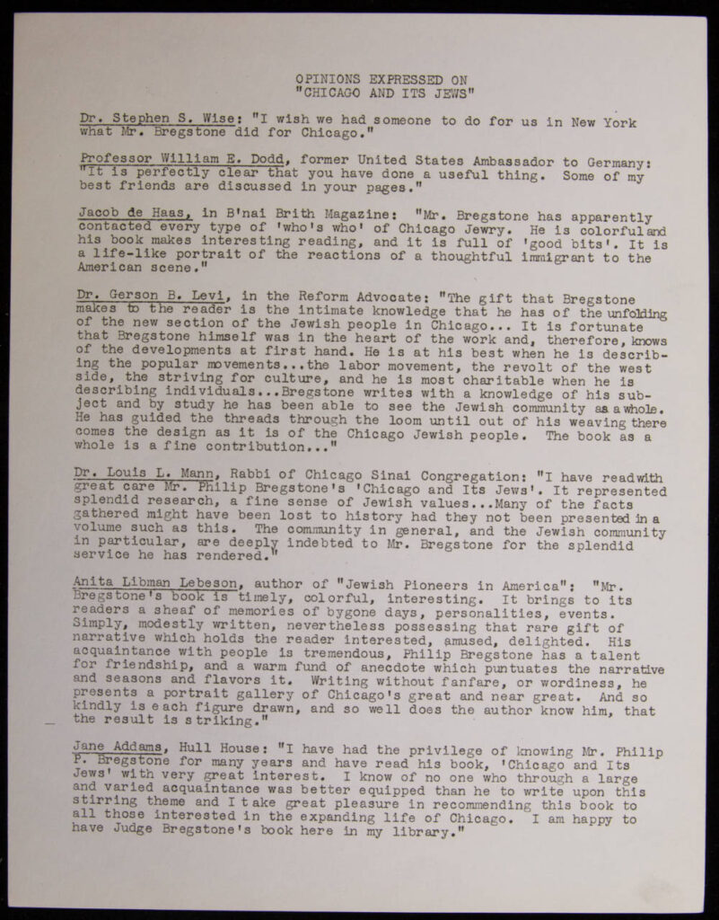 Single page of typewriter text with quotes from major Chicago figures and Jewish leaders praising Bregstone's book.