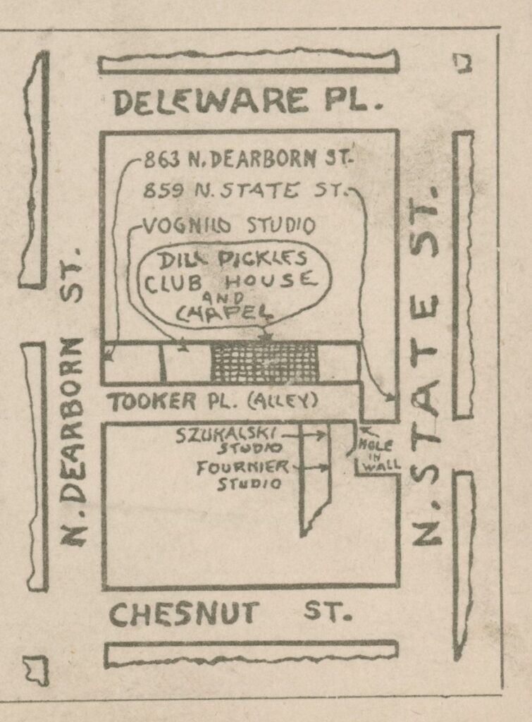 Hand-drawn map of the location of the Dill Pickle Club on Tooker Place.